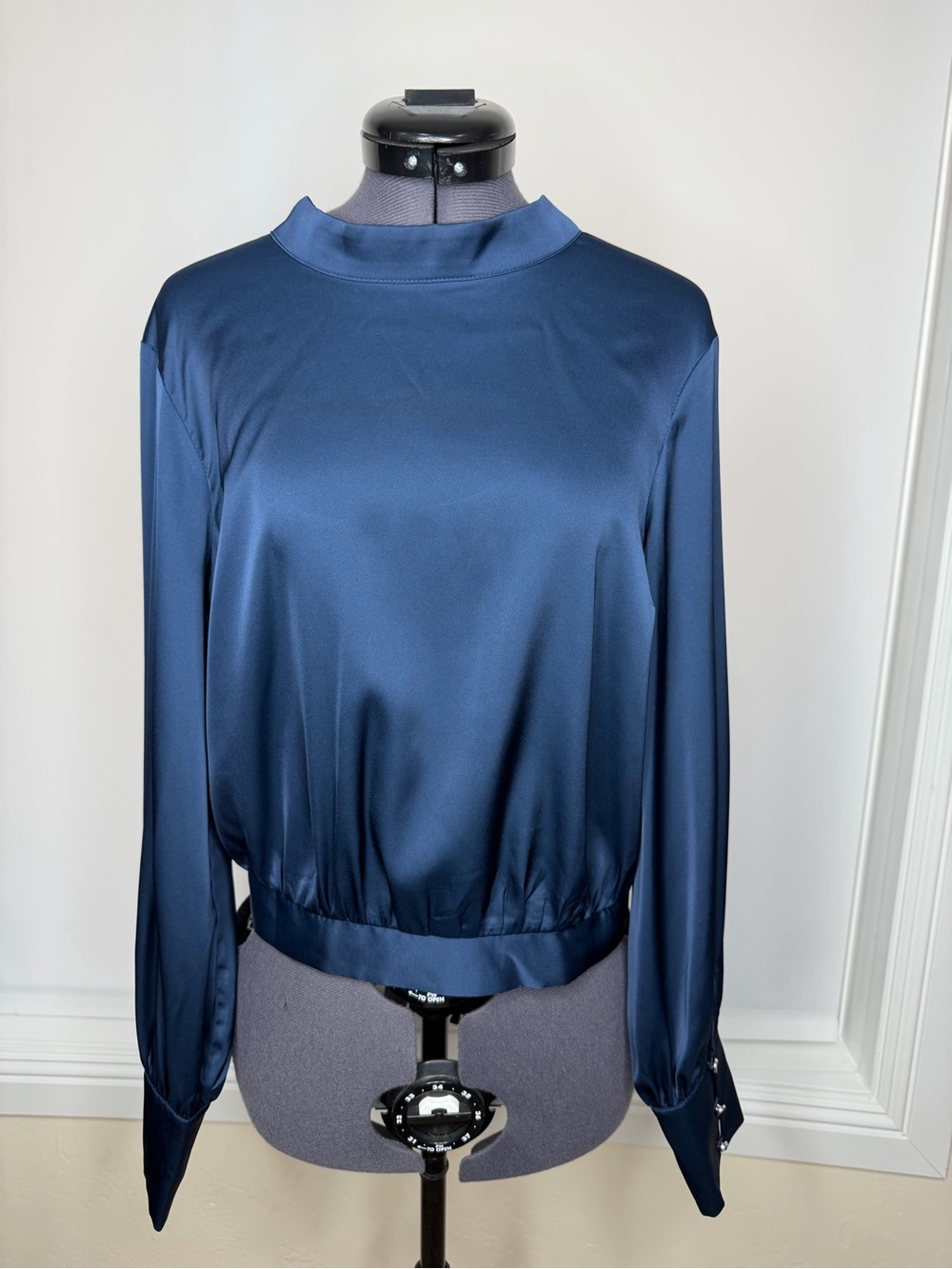 Express Satin Long-Sleeve Mock Neck Top - Navy